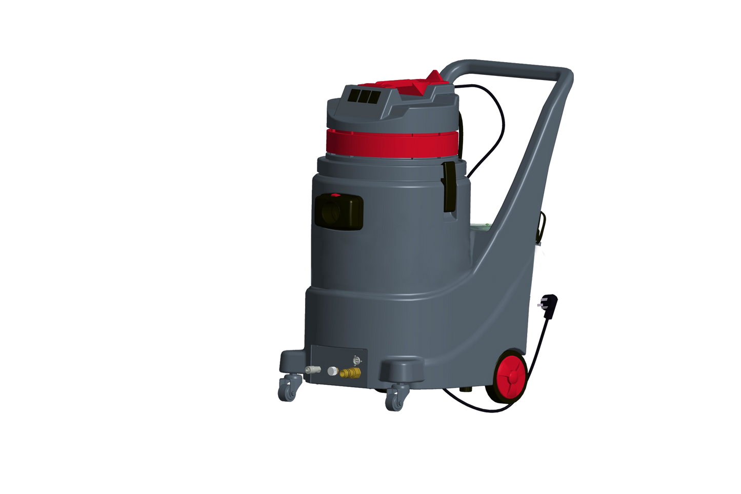 A gray sofa cleaning machine with red accents on wheels and controls. – Quickway Supplies