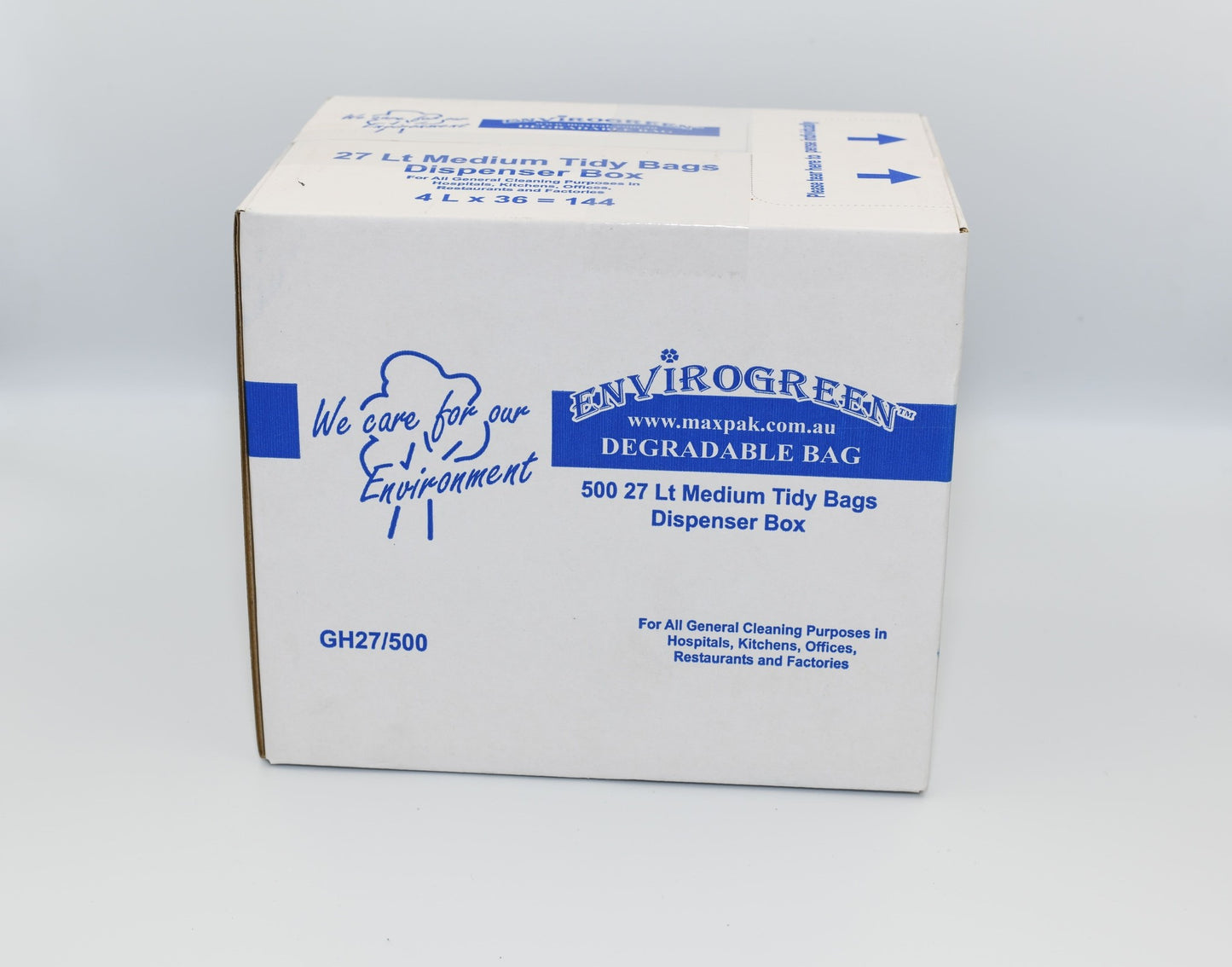 A white dispenser box labeled 'EnviroGreen Degradable Medium Tidy Bags' with blue text and logos, indicating it contains 500 27L bags for waste management. - Quickway Supplies