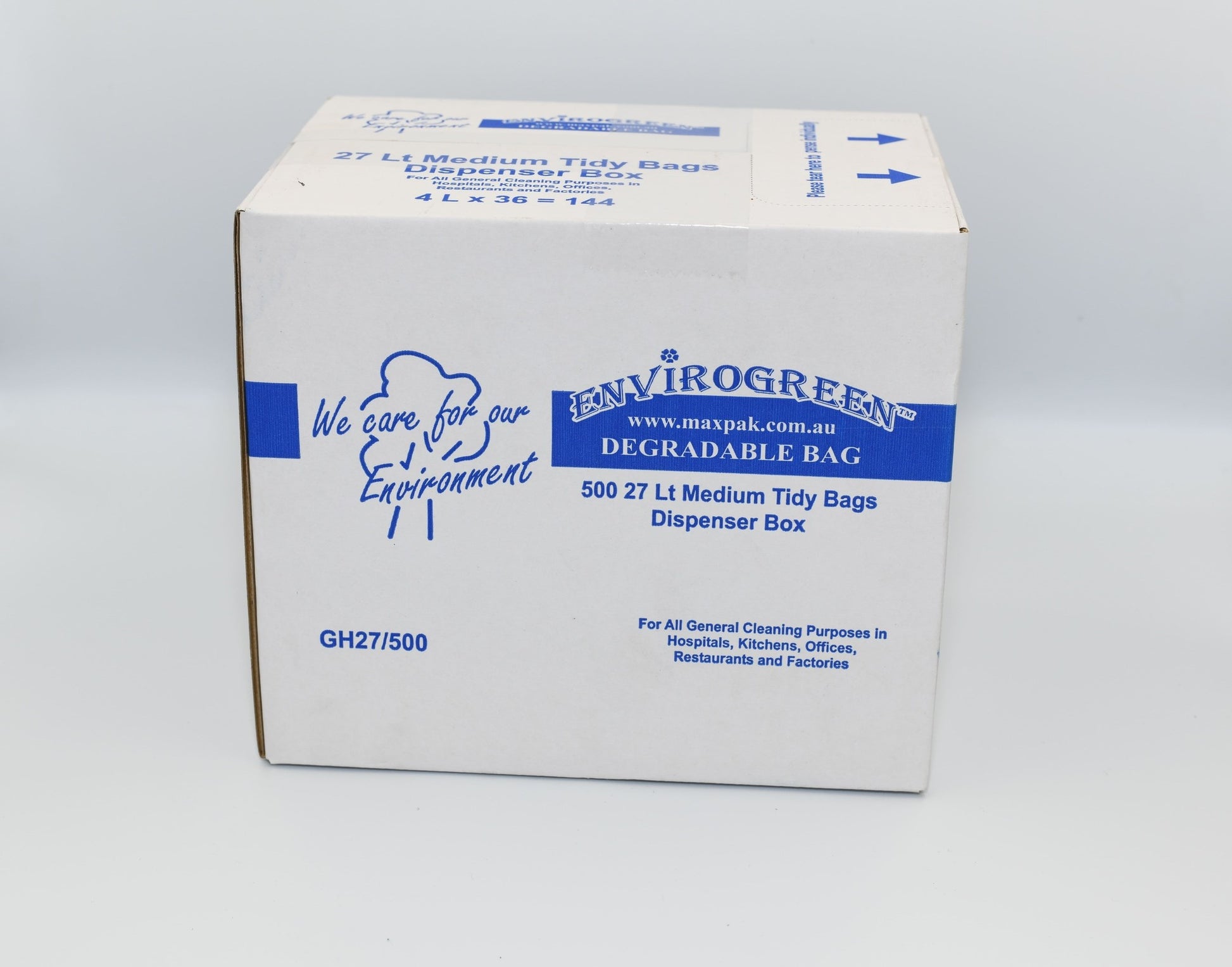 A white dispenser box labeled 'EnviroGreen Degradable Medium Tidy Bags' with blue text and logos, indicating it contains 500 27L bags for waste management. - Quickway Supplies