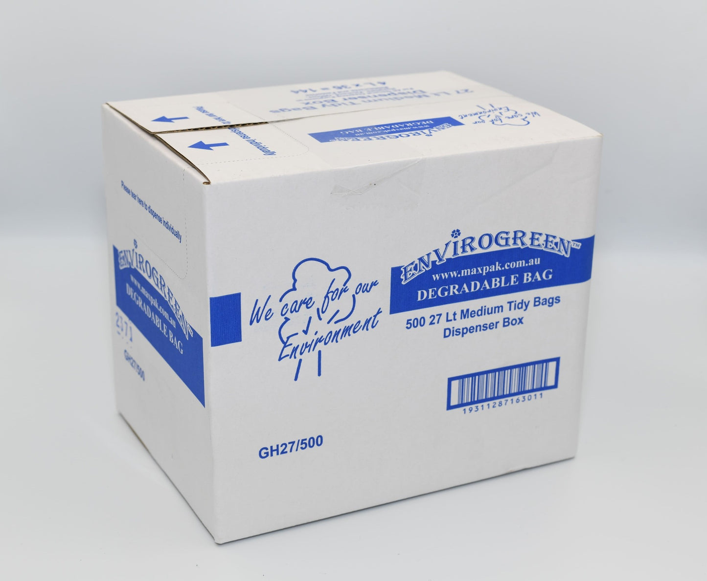 A white dispenser box labeled 'EnviroGreen Degradable Medium Tidy Bags' with blue text and logos, indicating it contains 500 27L bags for waste management. - Quickway Supplies