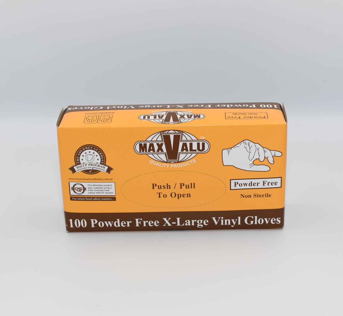 A box of MaxValu powder-free X-large vinyl gloves with 100 pieces inside, displayed against a white background. – Quickway Supplies