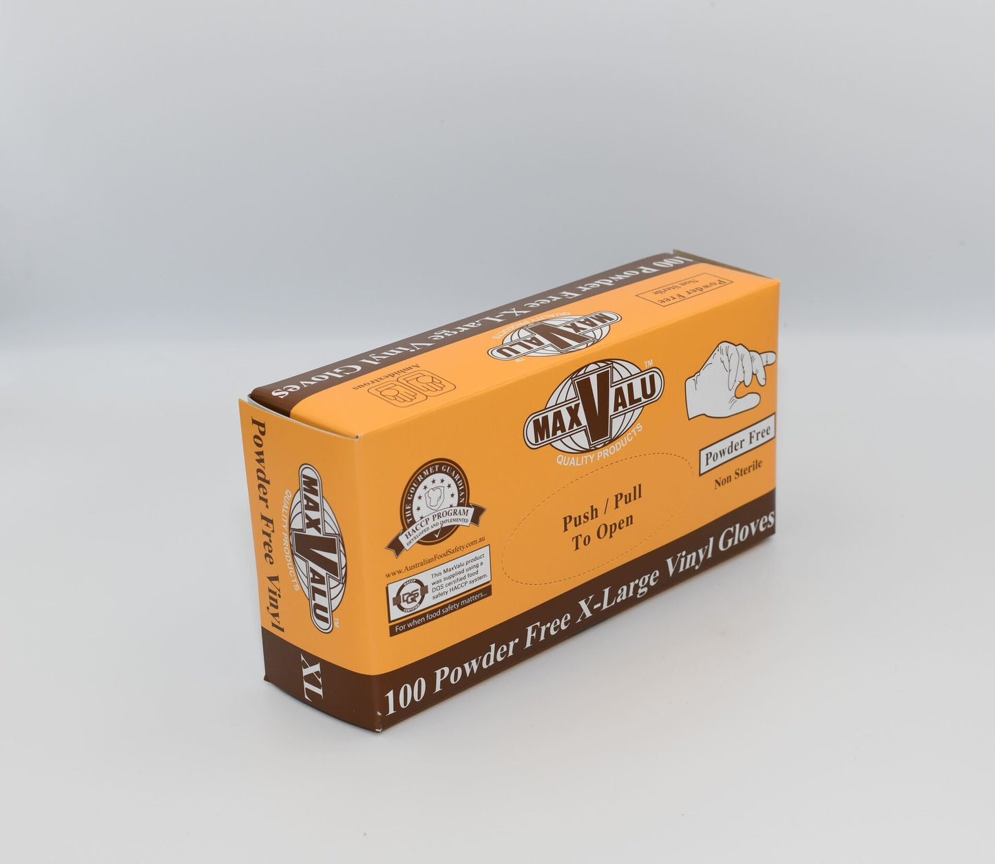 A box of MaxValu powder-free X-large vinyl gloves with 100 pieces inside, displayed against a white background. – Quickway Supplies