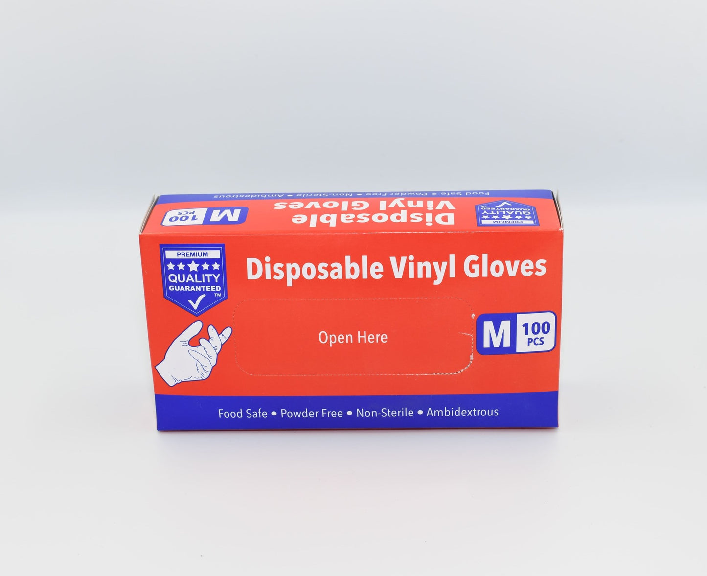 A box of medium-sized disposable vinyl gloves from a premium quality brand, with a label indicating features such as food safe, powder free, non-sterile, ambidextrous design, and suitability for medium-sized hands. – Quickway Supplies