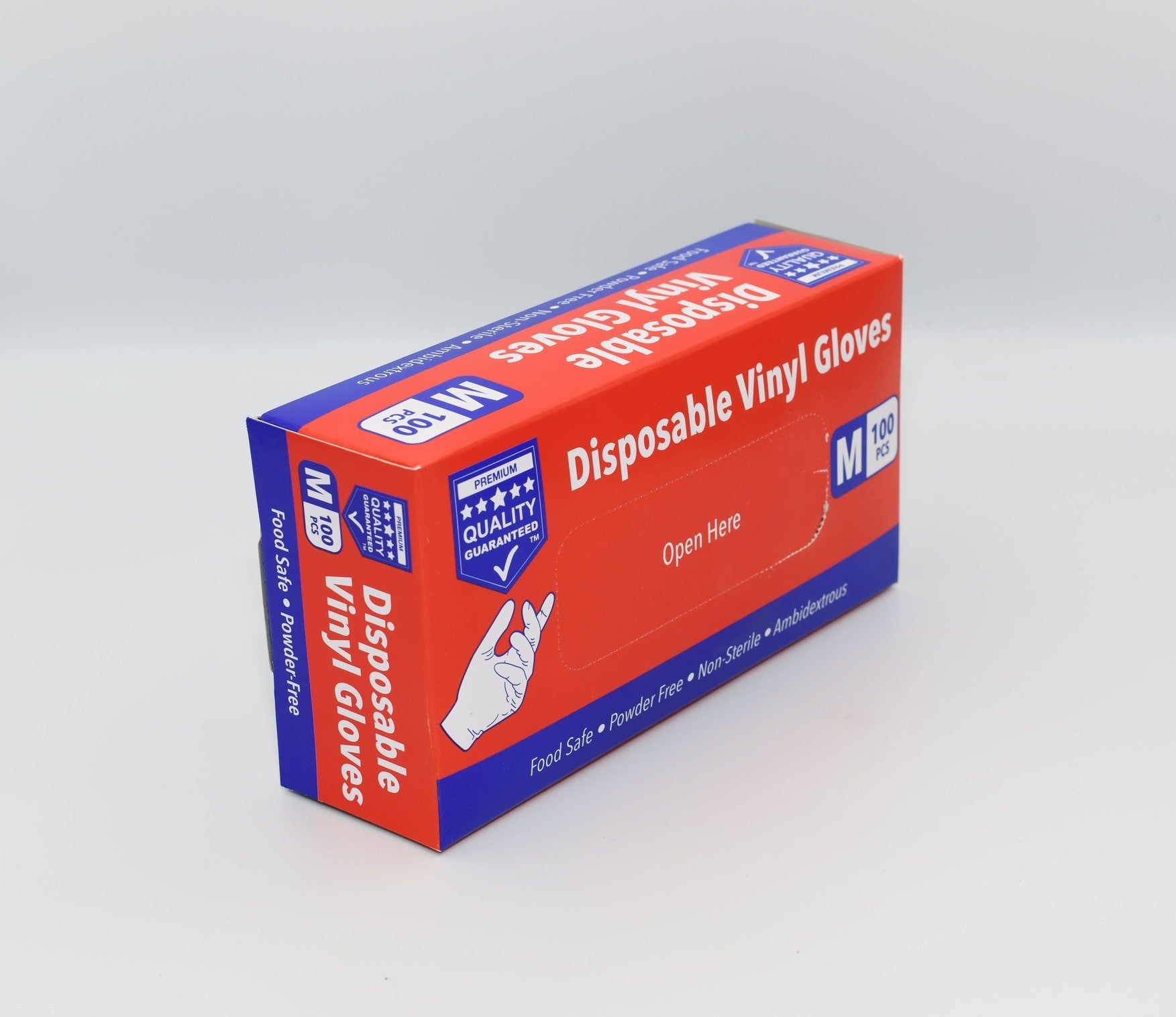 A box of medium-sized disposable vinyl gloves from a premium quality brand, with a label indicating features such as food safe, powder free, non-sterile, ambidextrous design, and suitability for medium-sized hands. – Quickway Supplies