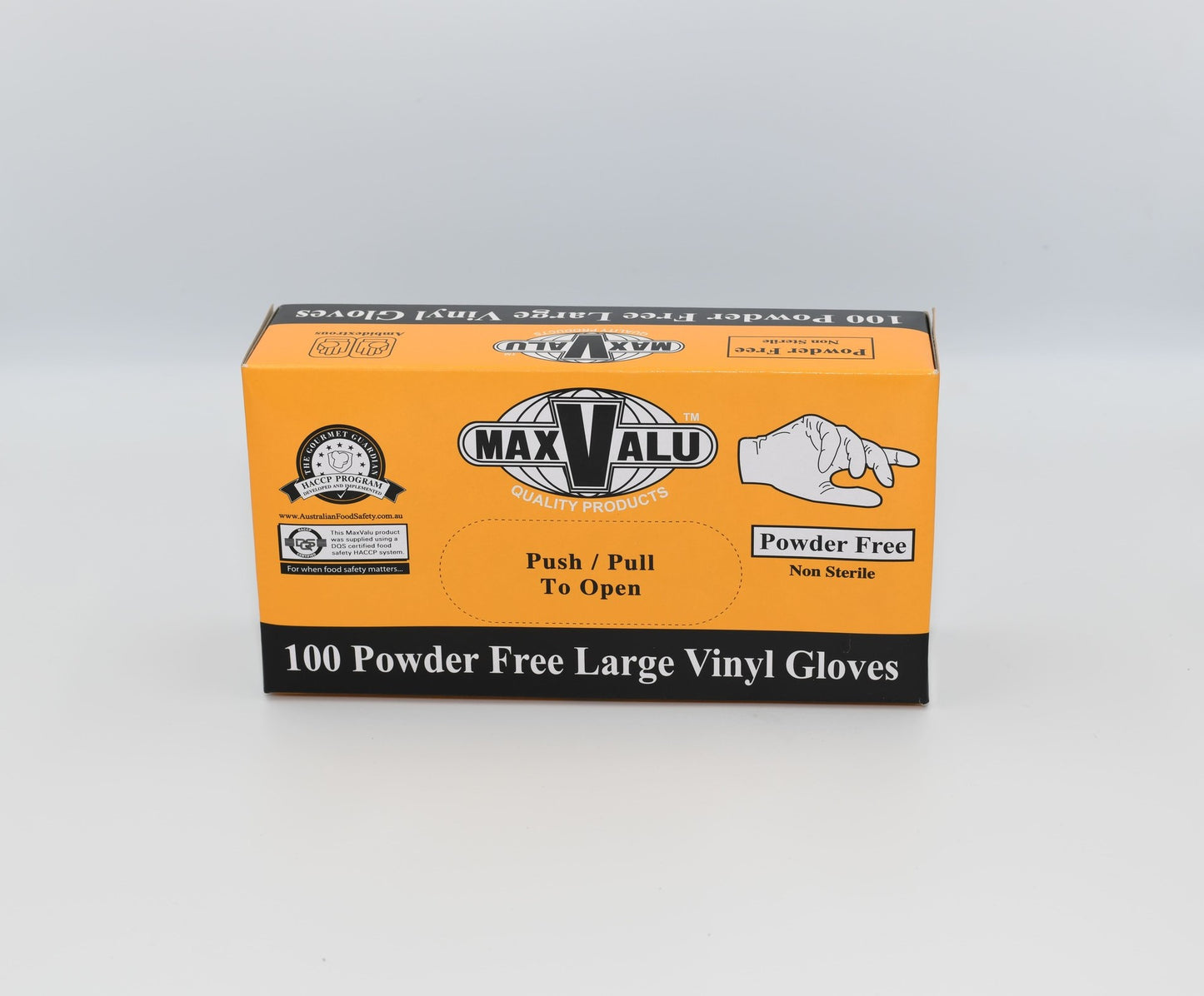 A box of MaxValu powder-free large vinyl gloves, with the box labeled to contain 100 such gloves. - Quickway Supplies