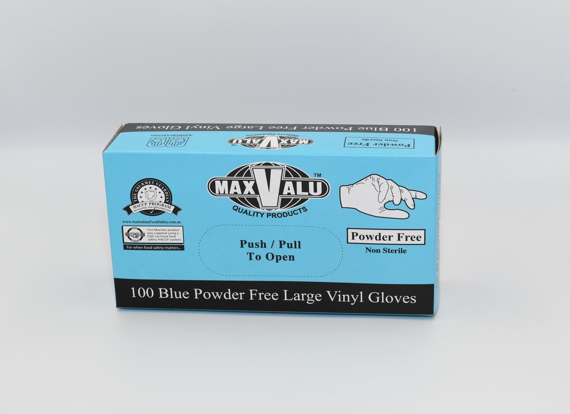 A box of MaxValu blue powder free large vinyl gloves with the product information visible on the front. - Quickway Supplies