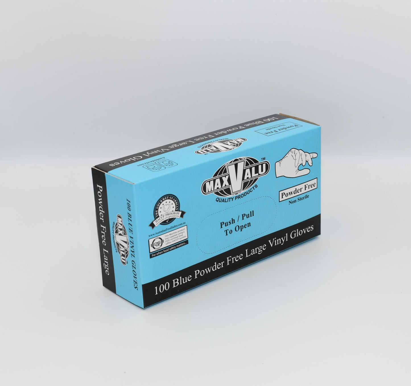 A box of MaxValu blue powder free large vinyl gloves with the product information visible on the front. - Quickway Supplies