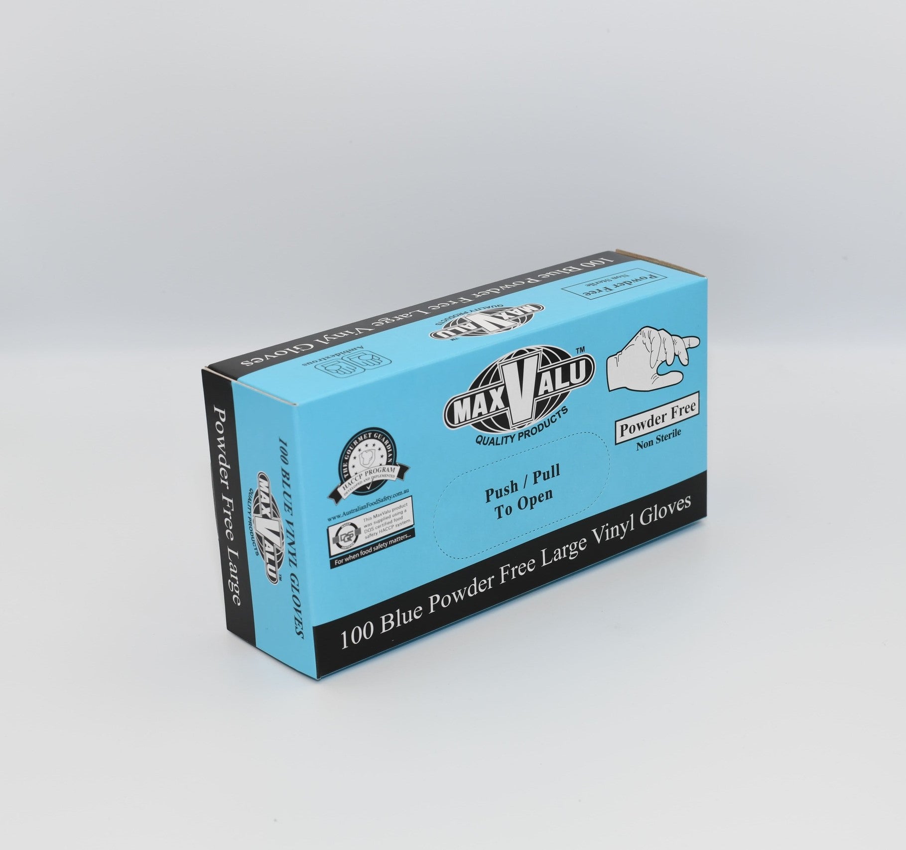 A box of MaxValu blue powder free large vinyl gloves with the product information visible on the front. - Quickway Supplies
