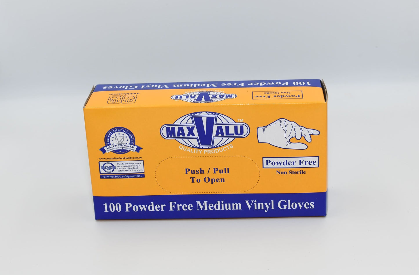 A box of MaxValu brand powder-free medium vinyl gloves, with the text '100 Powder Free Medium Vinyl Gloves' displayed on the packaging. – Quickway Supplies