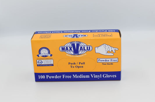 A box of MaxValu brand powder-free medium vinyl gloves, with the text '100 Powder Free Medium Vinyl Gloves' displayed on the packaging. – Quickway Supplies