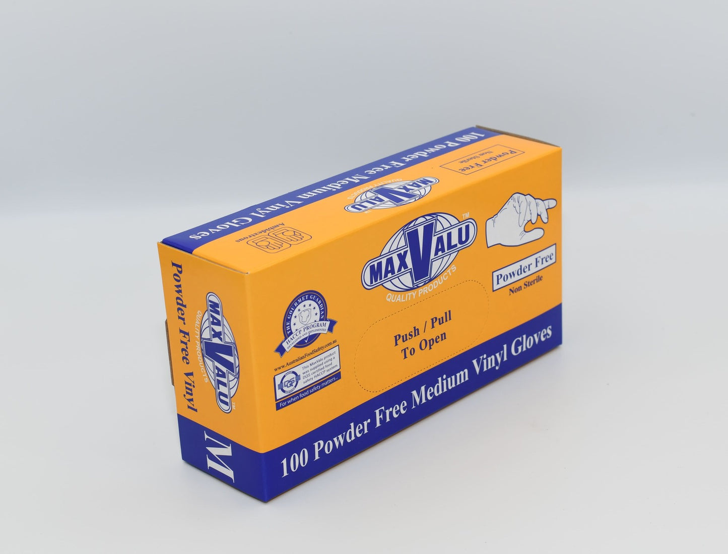 A box of MaxValu brand powder-free medium vinyl gloves, with the text '100 Powder Free Medium Vinyl Gloves' displayed on the packaging. – Quickway Supplies
