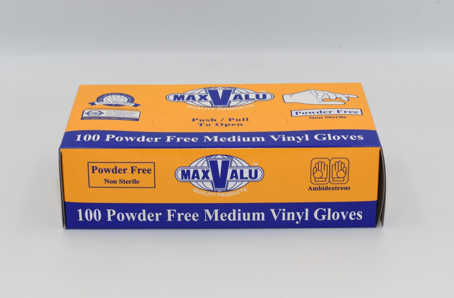 A box of MaxValu brand powder-free medium vinyl gloves, with the text '100 Powder Free Medium Vinyl Gloves' displayed on the packaging. – Quickway Supplies