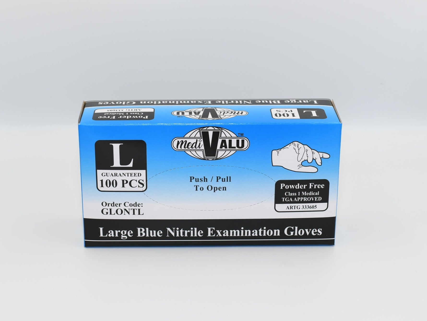 A box of large blue nitrile examination gloves by MediValu, designed for medical professionals and various applications requiring hand protection. The box contains 100 powder-free gloves, suitable for single use and features a textural grip design. - Quickway Supplies