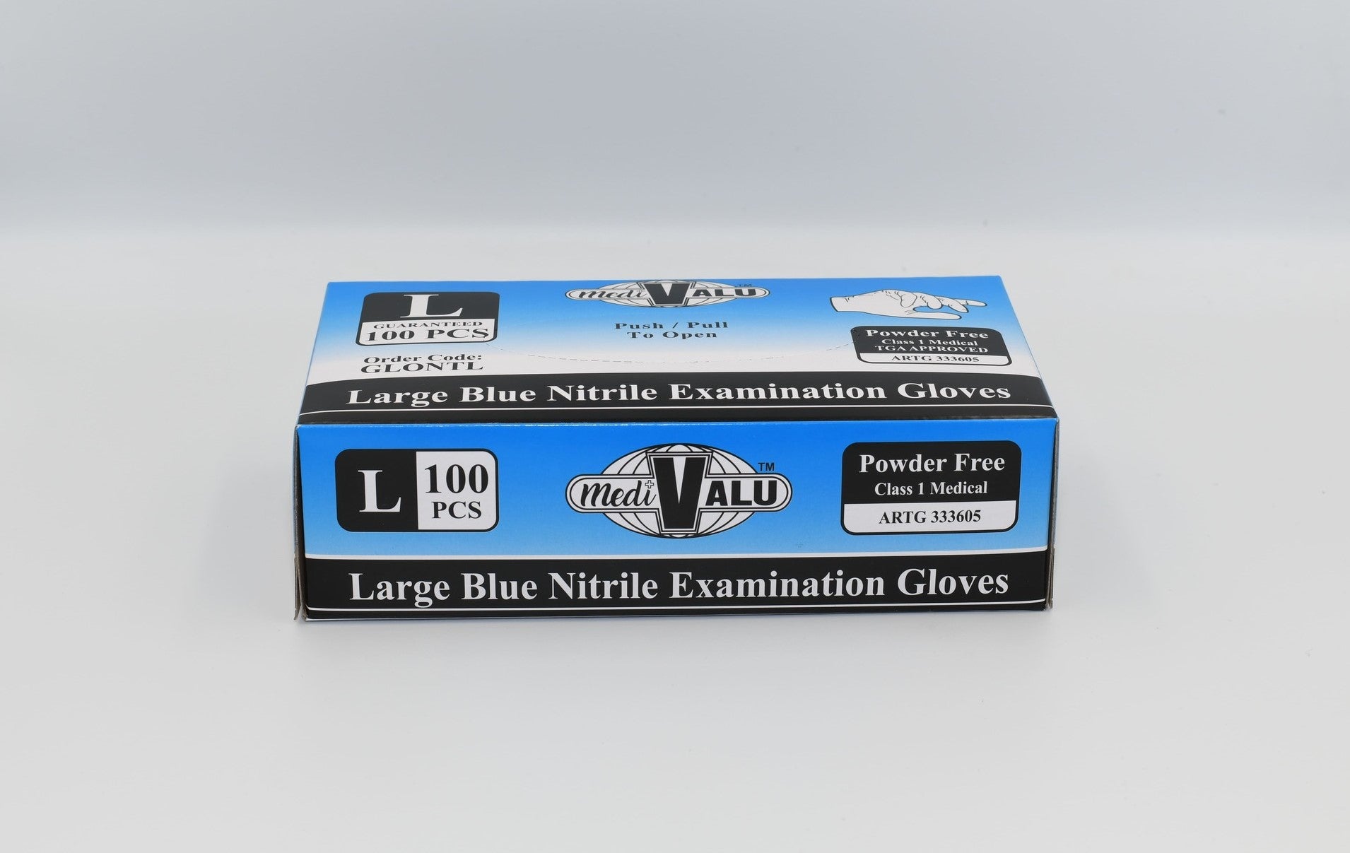 A box of large blue nitrile examination gloves by MediValu, designed for medical professionals and various applications requiring hand protection. The box contains 100 powder-free gloves, suitable for single use and features a textural grip design. - Quickway Supplies