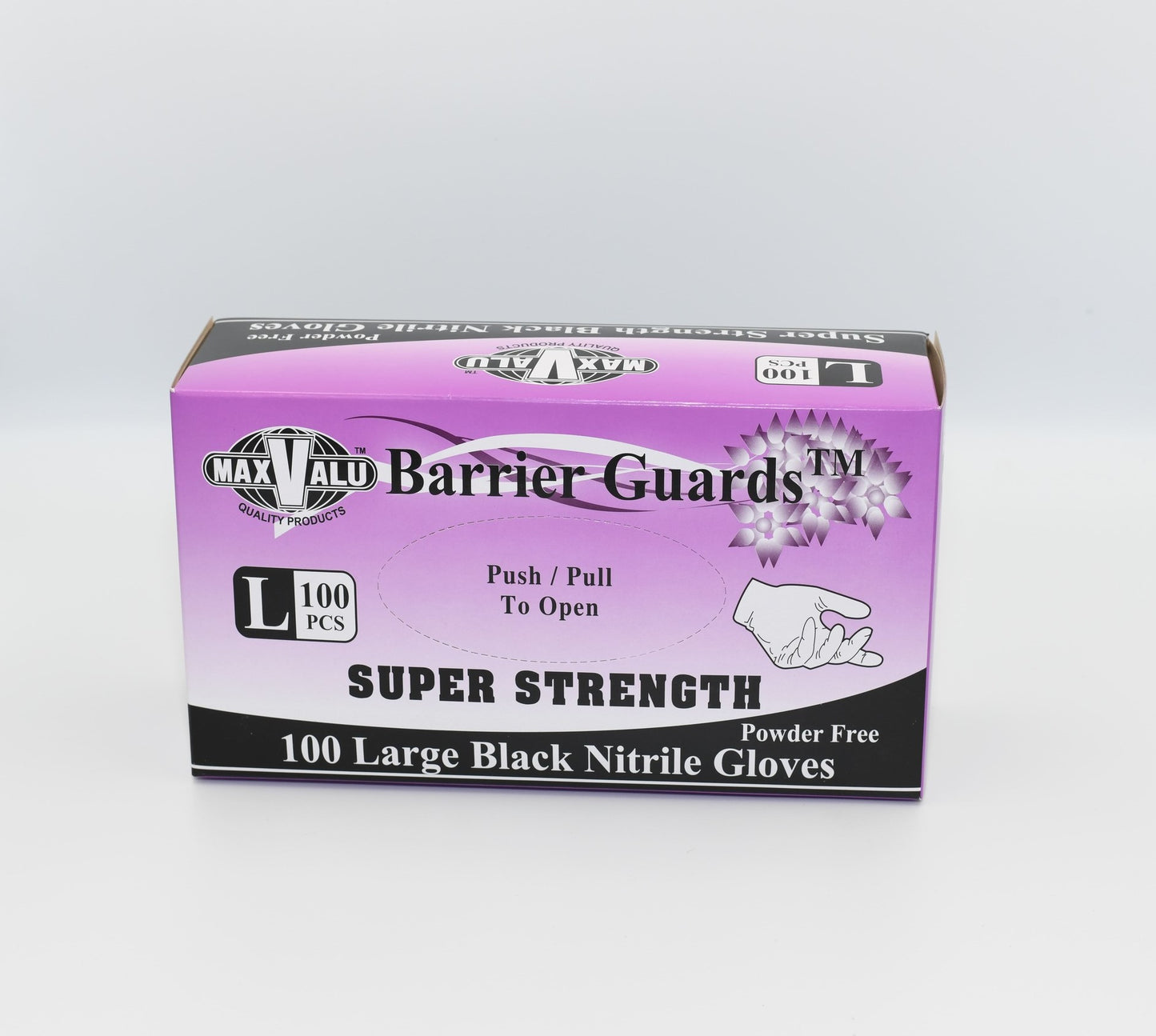 A box of MaxValu Super Strength Black Nitrile Gloves, powder-free, with a quantity of 100 large black nitrile gloves, designed for single use with a push/pull tab for easy access. - Quickway Supplies