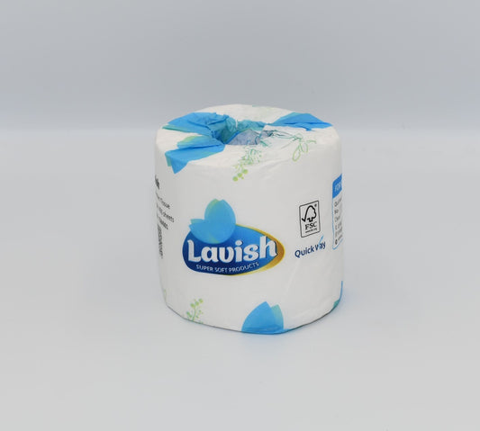 Two rolls of Lavish brand toilet paper with blue floral design on the packaging, stacked on top of each other. - Quickway Supplies