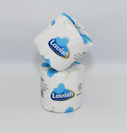 Two rolls of Lavish brand toilet paper with blue floral design on the packaging, stacked on top of each other. - Quickway Supplies