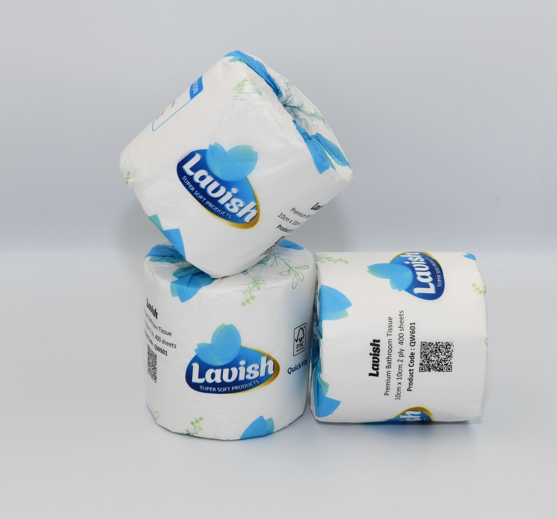 Two rolls of Lavish brand toilet paper with blue floral design on the packaging, stacked on top of each other. - Quickway Supplies