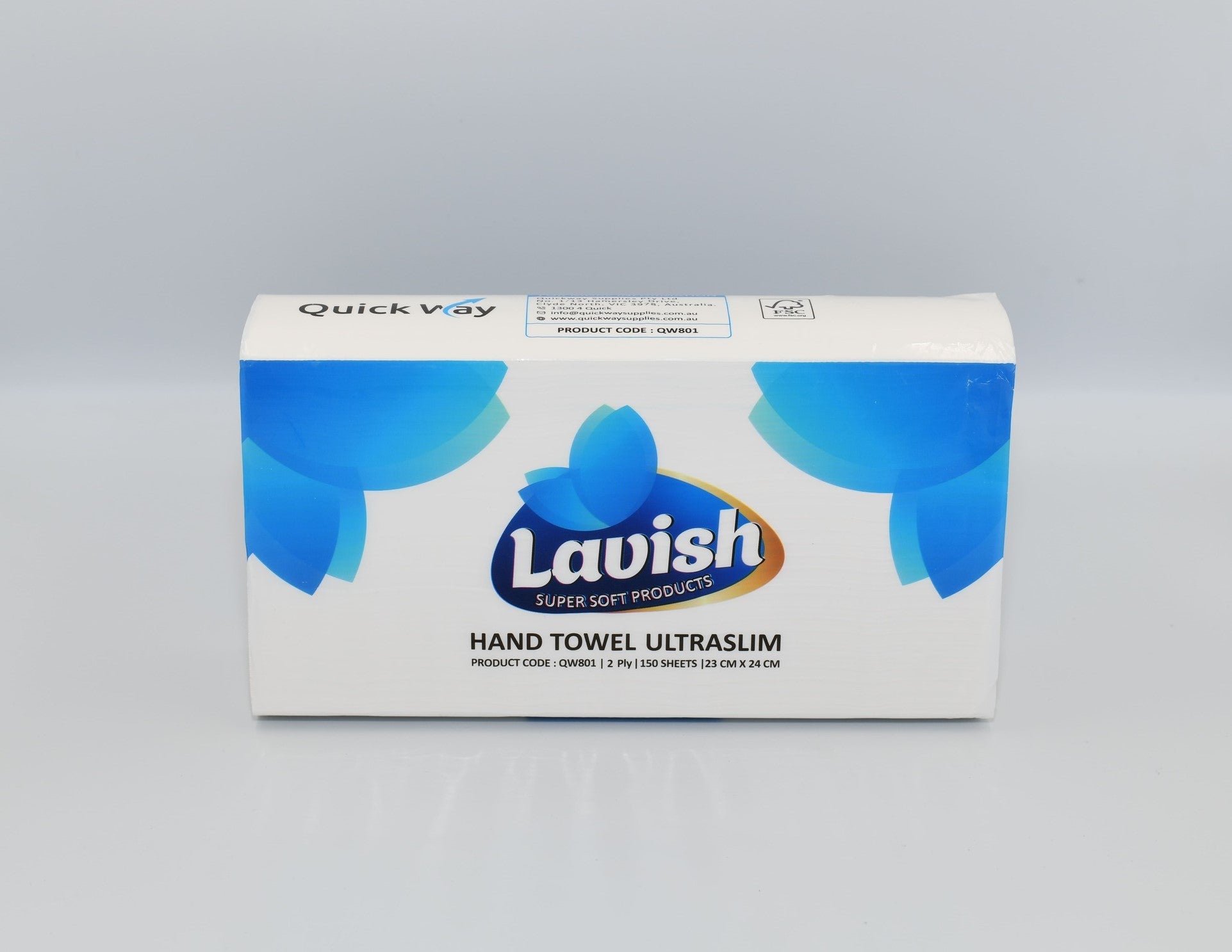 Two boxes of Classique hand towels, one with the lid open displaying the product, the other with the lid closed. The boxes are white with blue accents and the product is described as 'Hand Towel Ultraslim'. - Quickway Supplies