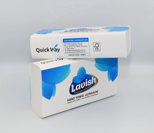 Two boxes of Classique hand towels, one with the lid open displaying the product, the other with the lid closed. The boxes are white with blue accents and the product is described as 'Hand Towel Ultraslim'. - Quickway Supplies