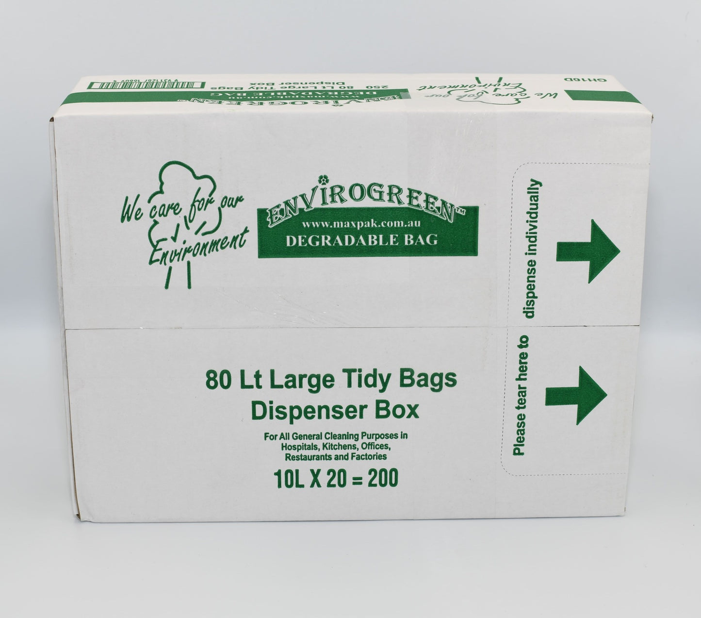 A box of EnviroGreen Degradable Large Tidy Bags, with the label showing the product name and the number of bags, 250 80L bags per box, in a dispenser box. - Quickway Supplies