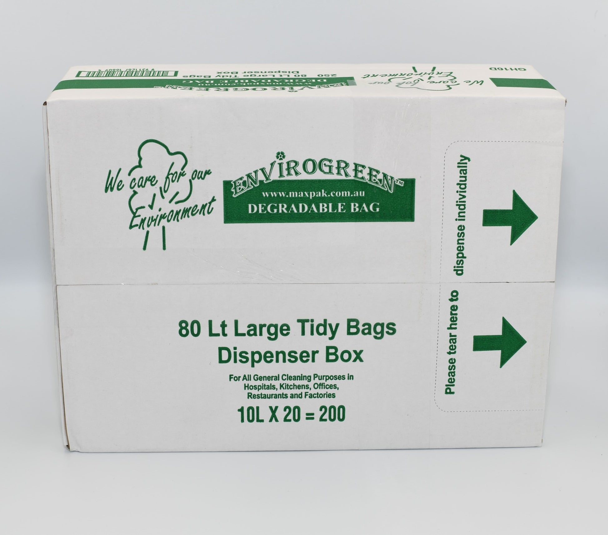 A box of EnviroGreen Degradable Large Tidy Bags, with the label showing the product name and the number of bags, 250 80L bags per box, in a dispenser box. - Quickway Supplies