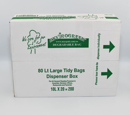 A box of EnviroGreen Degradable Large Tidy Bags, with the label showing the product name and the number of bags, 250 80L bags per box, in a dispenser box. - Quickway Supplies