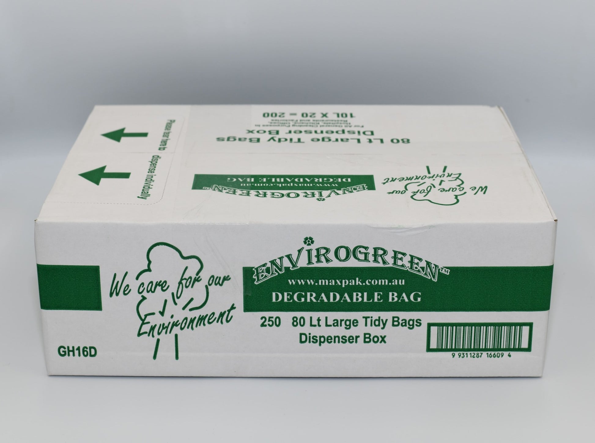 A box of EnviroGreen Degradable Large Tidy Bags, with the label showing the product name and the number of bags, 250 80L bags per box, in a dispenser box. - Quickway Supplies