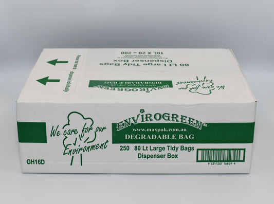 A box of EnviroGreen Degradable Large Tidy Bags, with the label showing the product name and the number of bags, 250 80L bags per box, in a dispenser box. - Quickway Supplies
