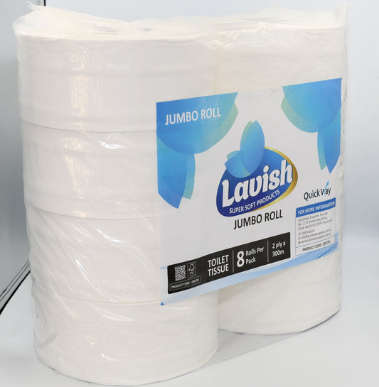 Pack of 8 white jumbo toilet paper rolls with blue branding on the packaging, labeled 'Lavish'. - Quickway Supplies