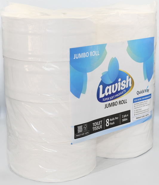 Pack of 8 white jumbo toilet paper rolls with blue branding on the packaging, labeled 'Lavish'. - Quickway Supplies