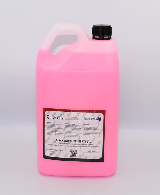 A 5-liter pink bottle of QuickWay Hand & Body Soap with a label showing information on the back. – Quickway Supplies