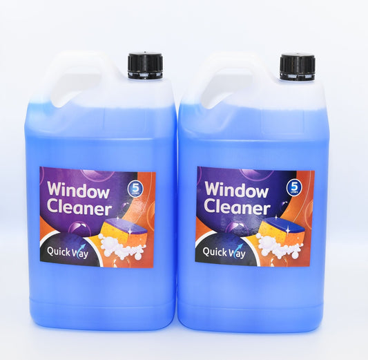 Two blue containers of QuickWay Window Cleaner with product labels facing forward. - Quickway Supplies