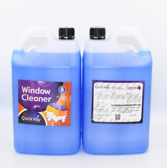 Two blue containers of QuickWay Window Cleaner with product labels facing forward. - Quickway Supplies