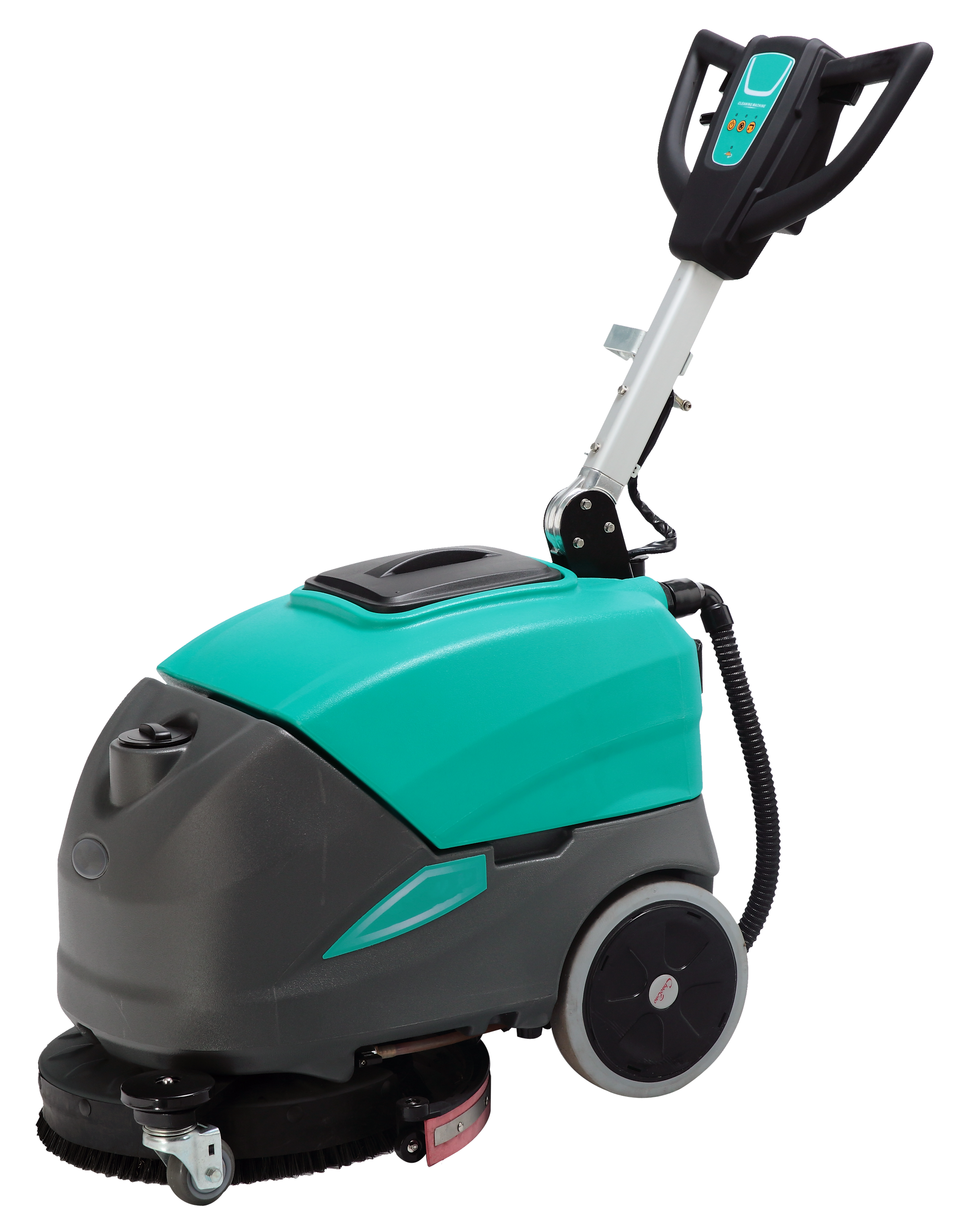 A compact scrubber dryer with an ergonomic design, featuring a green and black color scheme with controls on the handle and wheels for mobility. – Quickway Supplies