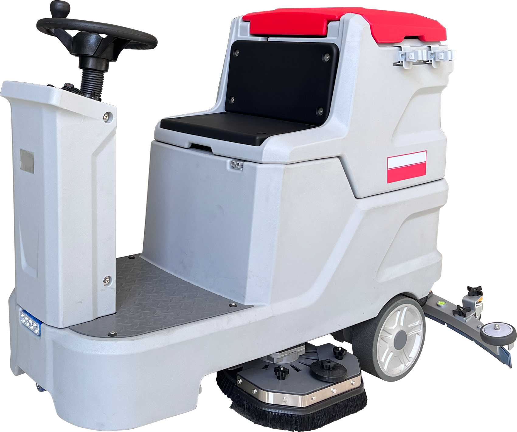 A ride-on automatic dual brush scrubber dryer with a white body, black and red controls, and grey brushes. – Quickway Supplies
