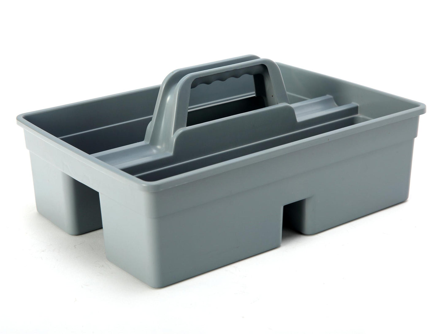 A gray plastic tool bucket with multiple compartments and an ergonomic handle. – Quickway Supplies