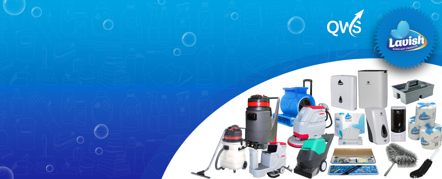 Cleaning equipment displayed against a blue background with QWS and Lavish branding. – Quickway Supplies