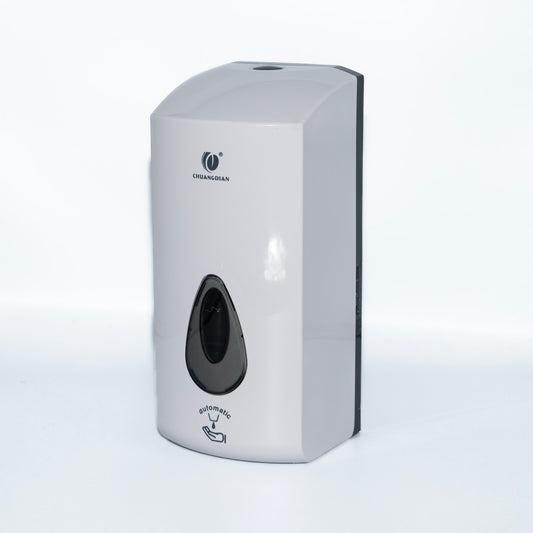 White soap dispenser with black circular component on a light grey  – Quickway Suppliesbackground