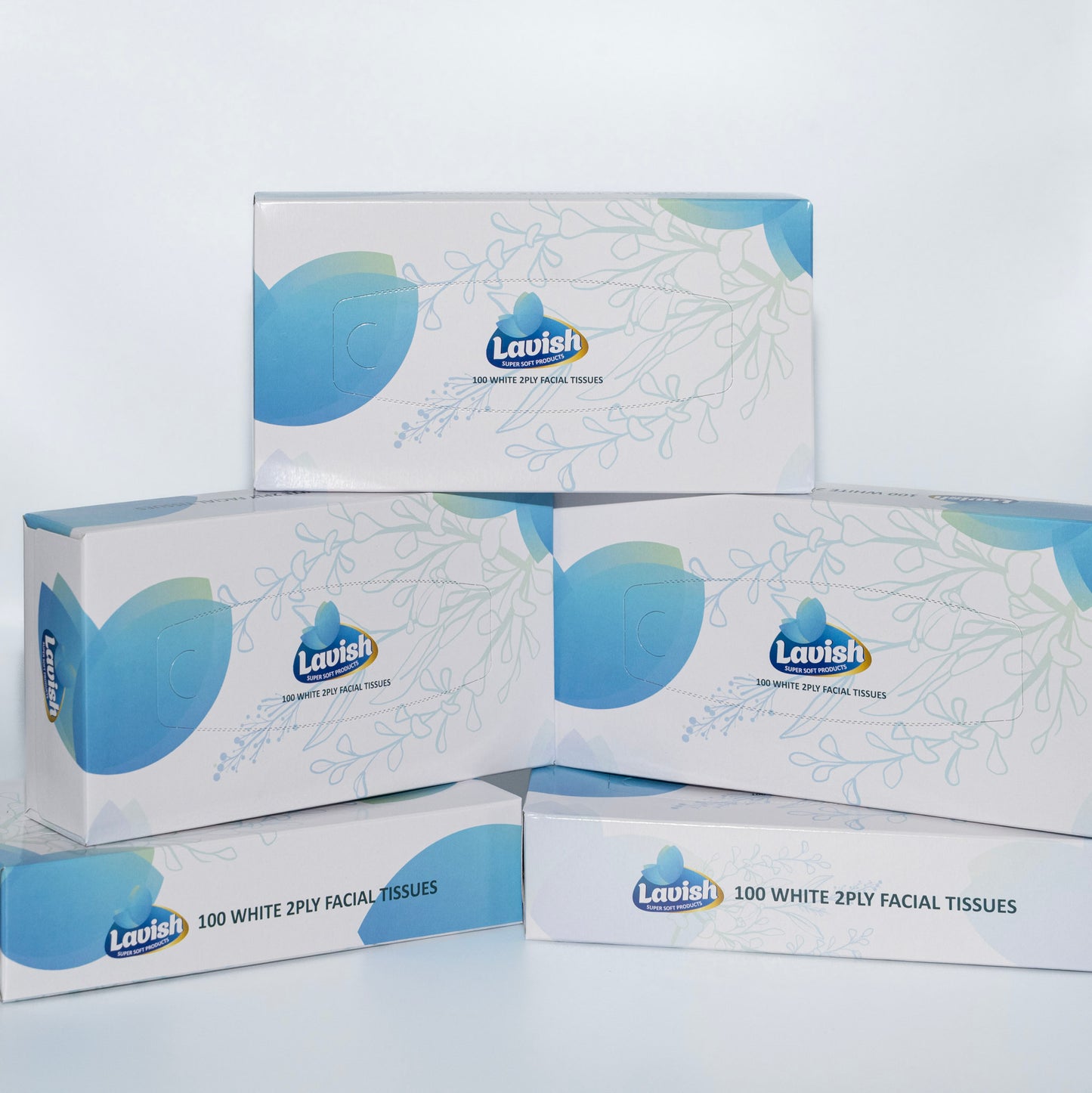 Multiple boxes of Lavish facial tissues stacked on a light grey background – Quickway Supplies