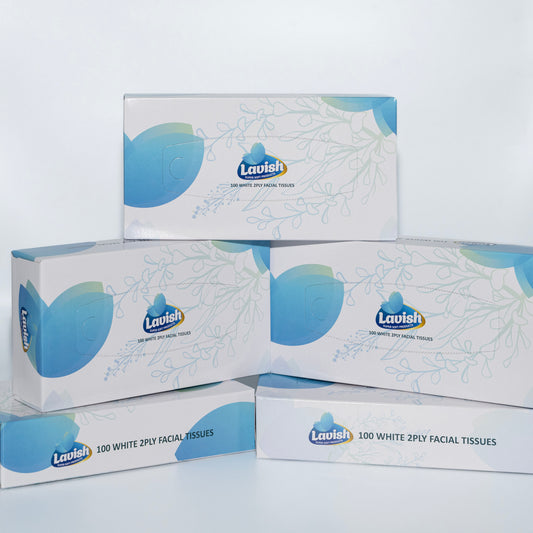 Multiple boxes of Lavish facial tissues stacked on a light grey background – Quickway Supplies
