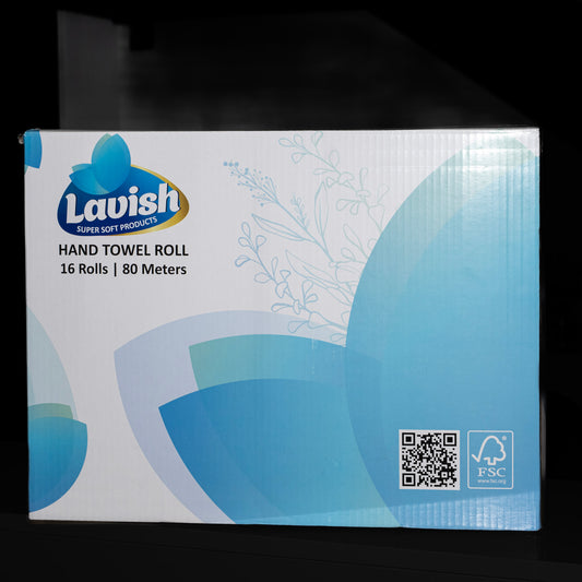 Lavish hand towel roll packaging with blue and white design on a black  – Quickway Suppliesbackground