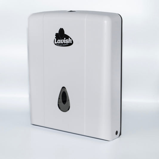 White paper towel dispenser with 'Lavish' logo on a white background – Quickway Supplies