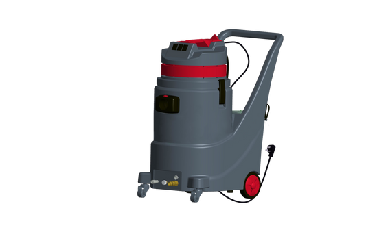 A gray sofa cleaning machine with red accents on wheels and controls. – Quickway Supplies