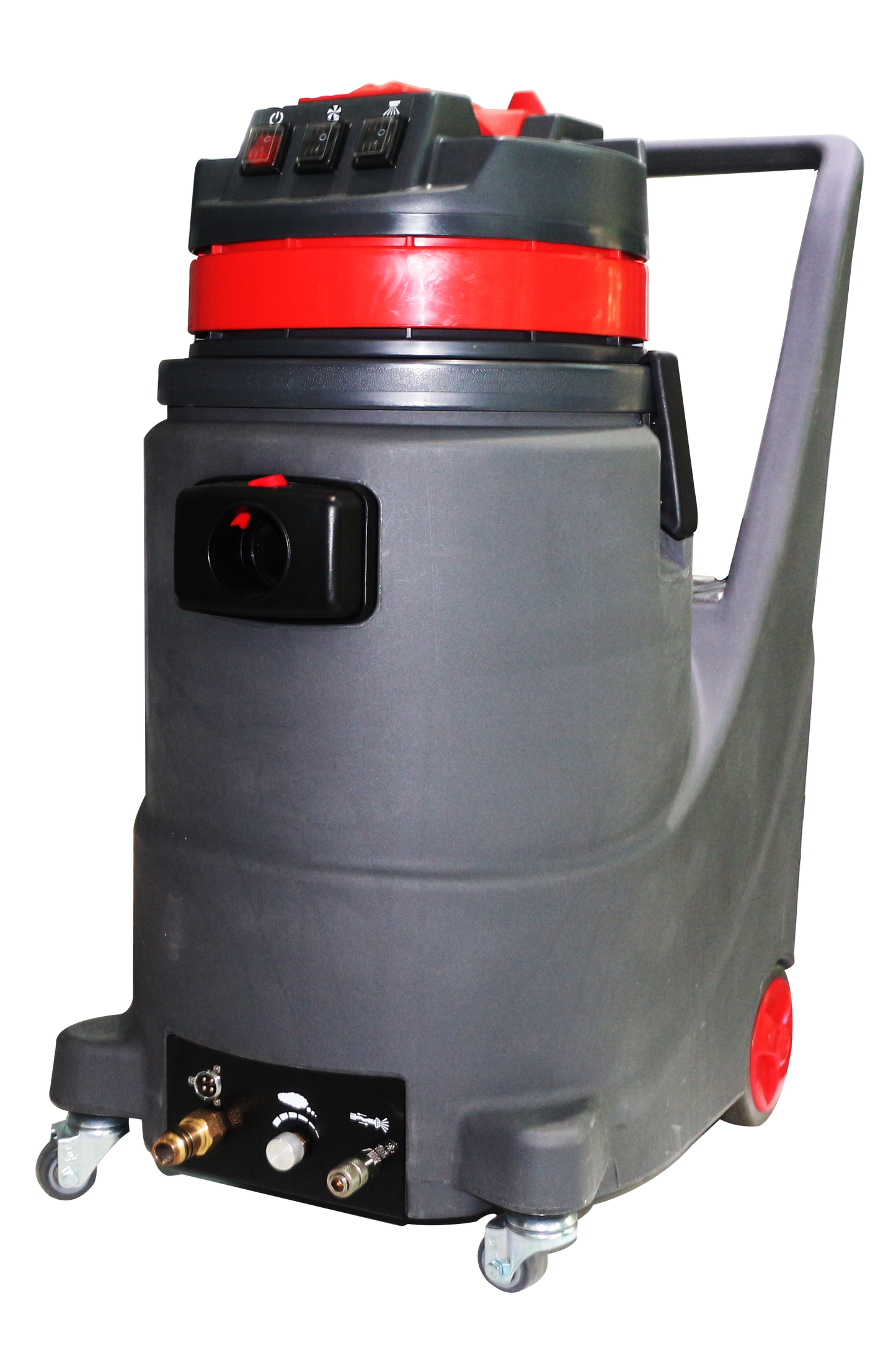 A gray sofa cleaning machine with red and black accents, featuring wheels and various controls. – Quickway Supplies