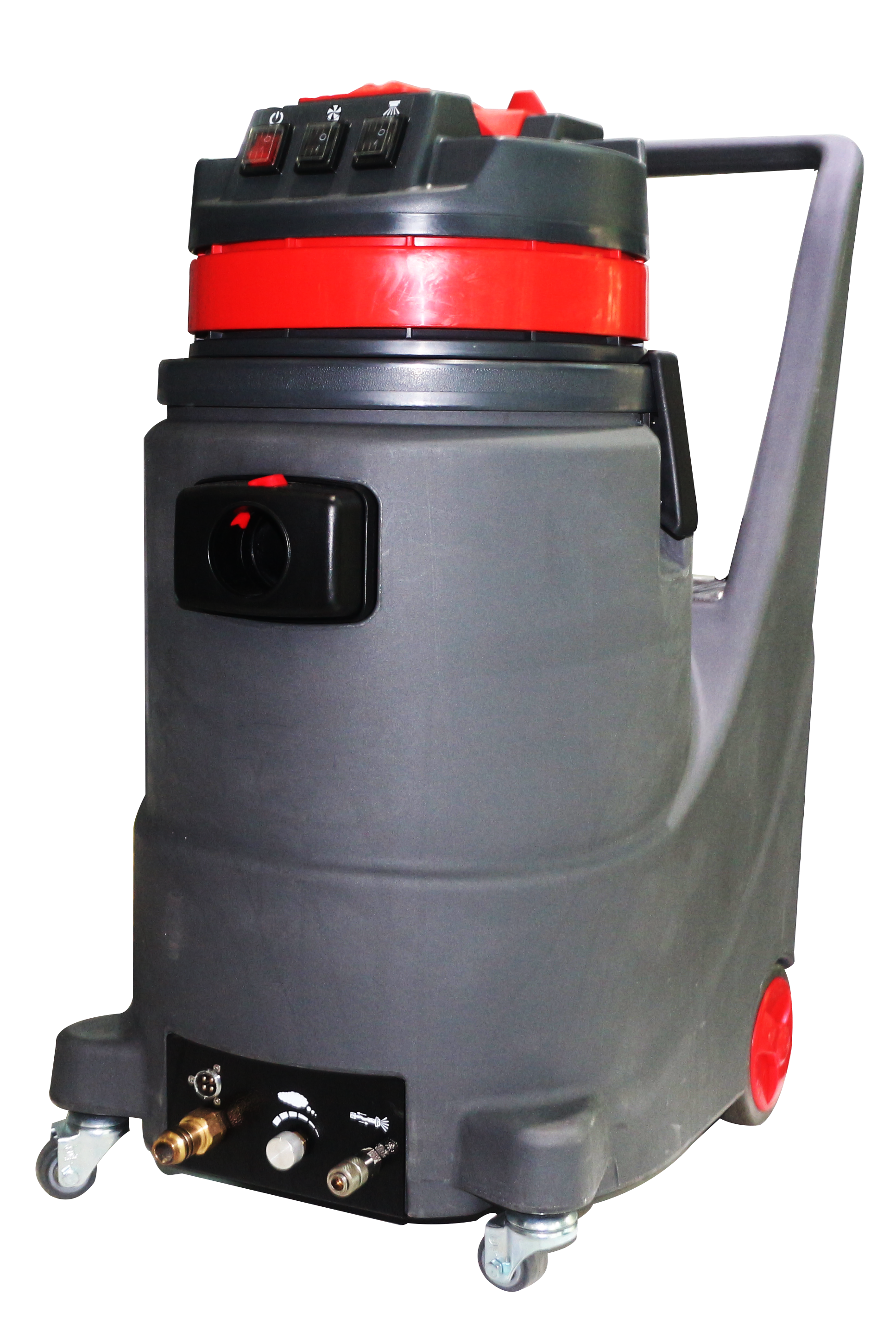 A gray sofa cleaning machine with red and black accents, featuring wheels and various controls. – Quickway Supplies