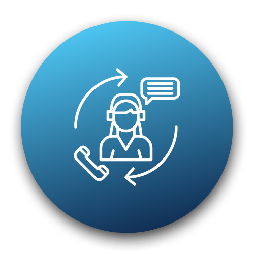 Icon of a person wearing a headset with a phone and speech bubble on a blue circle – Quickway Supplies