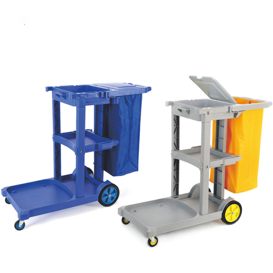 Two multi-function cleaning carts, one in blue with a white handle and one in gray with a yellow handle, each equipped with multiple storage compartments and wheels. – Quickway Supplies