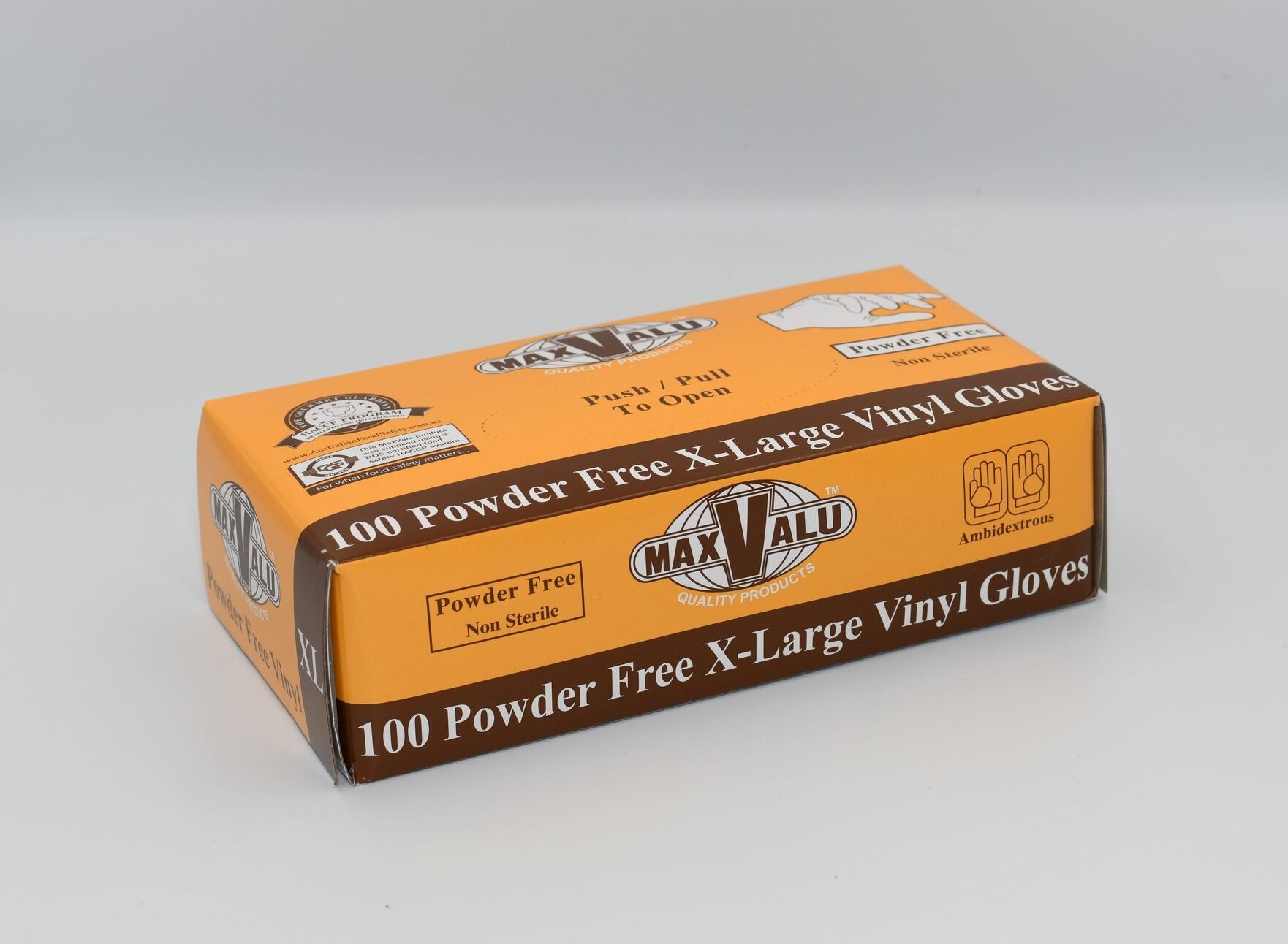 A box of MaxValu powder-free X-large vinyl gloves with 100 pieces inside, displayed against a white background. – Quickway Supplies