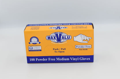 A box of MaxValu brand powder-free medium vinyl gloves, with the text '100 Powder Free Medium Vinyl Gloves' displayed on the packaging. – Quickway Supplies